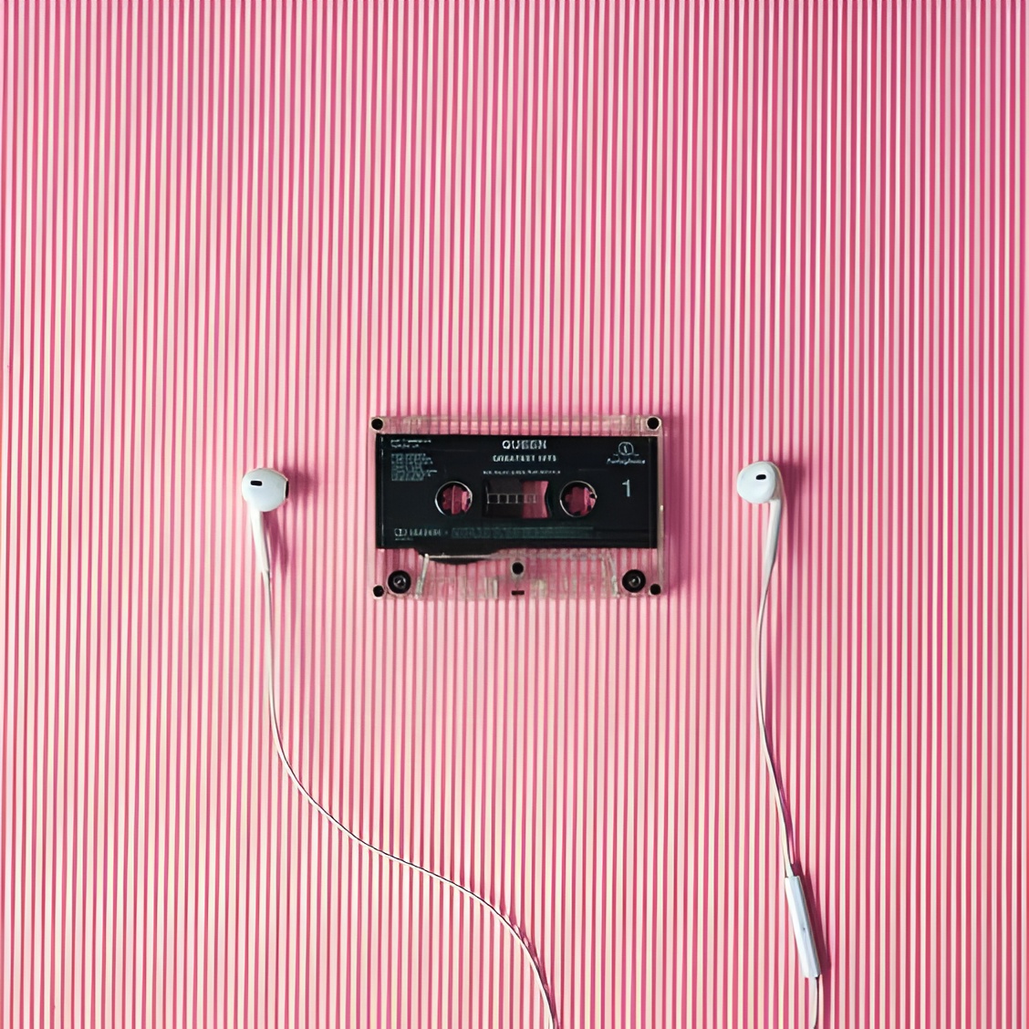Cassette tape with earbuds on pink background
